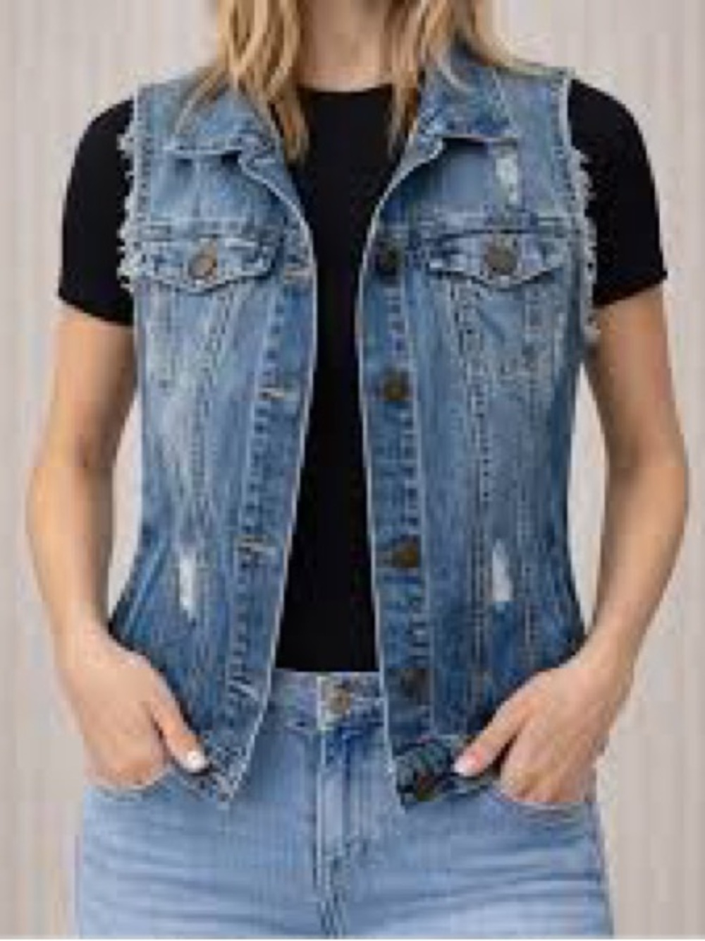 Zara Light Blue Distressed Denim Vest - Women
